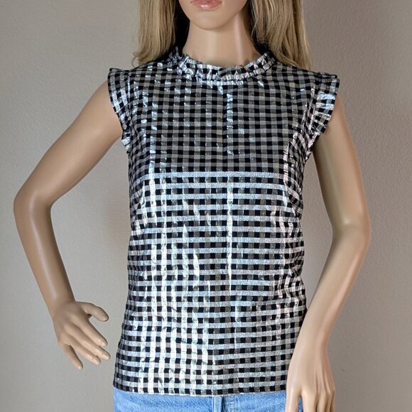 J. Crew Top Women's Medium Silver Black Lurex Sleeveless Metallic Ruffle NWT - Picture 1 of 15